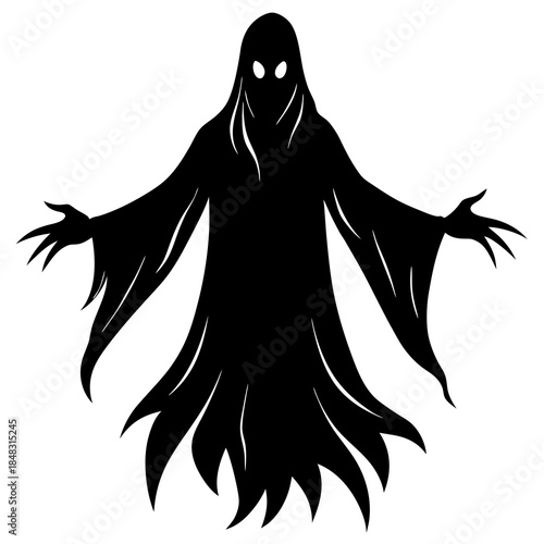 Black ghost silhouette with white eyes and outstretched arms