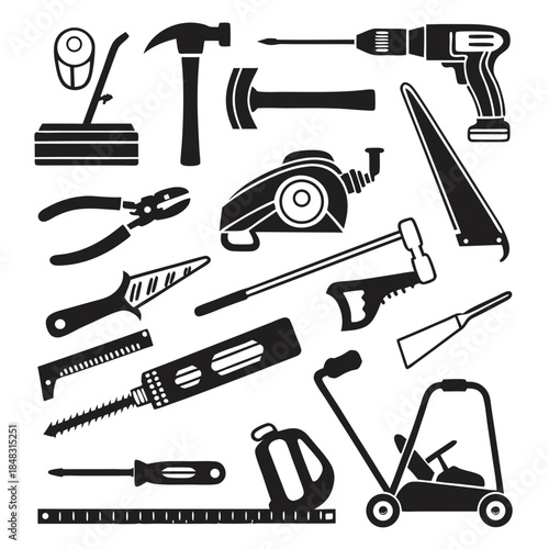 Black and white of various hand tools and equipment drill hammer