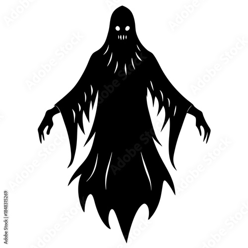 Black ghost silhouette with white eyes and sharp teeth