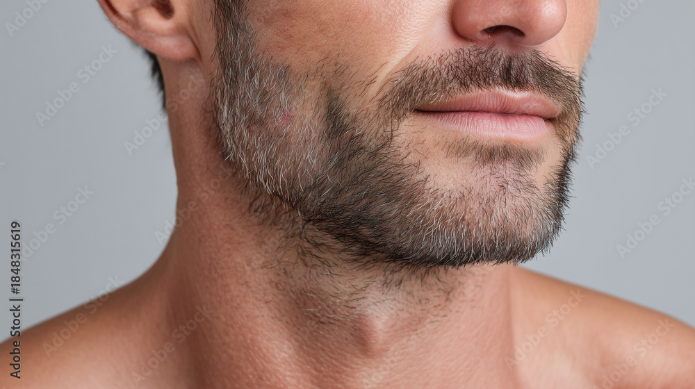 Fototapeta premium Close up of man lower face with gentle mild acne texture on male skin, stubble beard, and natural complexion in grey high key light, showing calm and confident expression