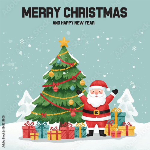 Merry Christmas and Happy New Year Santa Claus standing by a snowy tree and many gifts