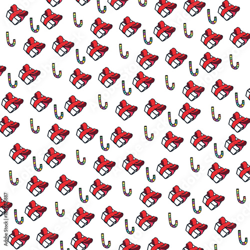 A festive gift backdrop for New Year or Christmas in the form of a box with a scarlet wrapping ribbon and lollipops in the form of hooks.