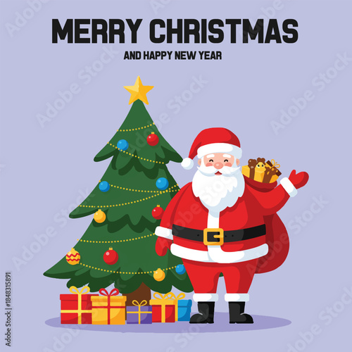 Merry Christmas and Happy New Year Santa Claus carrying a heavy sack of gifts near a tree