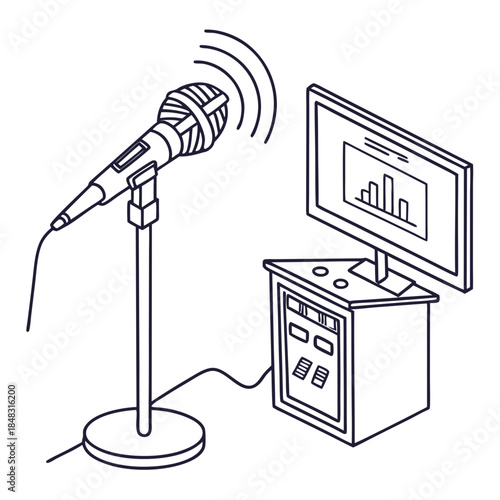 Line of a microphone and computer broadcasting live line black and white stand monitor