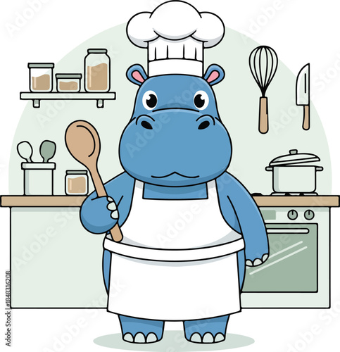 Blue Hippo Chef Ready to Cook with Wooden Spoon.