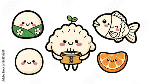 Cute cartoon illustration of various kawaii Asian food items including dumplings, mochi, a fish, and an orange slice with happy faces.