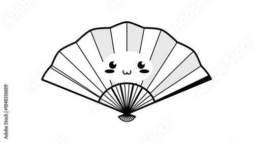 Cute kawaii style Japanese folding fan illustration in black and white line art.