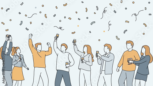 Group of Diverse People Cheering and Celebrating Success with Confetti and Drinks