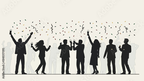 Silhouettes of people celebrating with confetti and raised glasses at a festive event