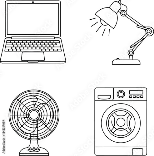 Household appliances and electronic devices line icons. laptop, desk lamp, fan, washer