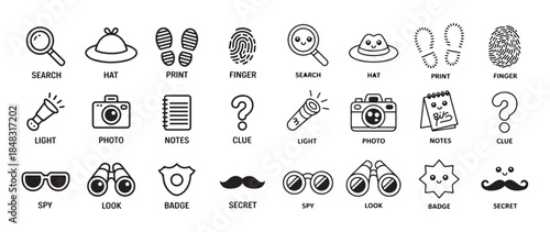 Cute kawaii detective spy icons set search hat print finger light photo notes clue binoculars badge