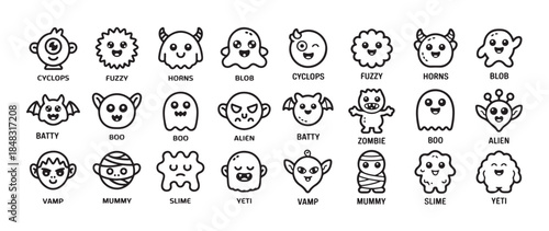 Cute kawaii monster icon set cyclops fuzzy horns blob batty boo alien vamp mummy slime yeti