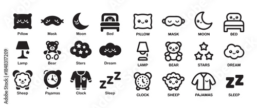 Cute kawaii sleep time icon set pillow mask moon bed lamp bear stars dream sheep pajamas clock