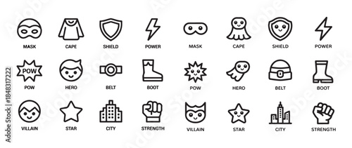 Cute kawaii superhero icon set mask cape shield power pow hero belt boot villain star city strength