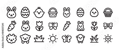 Set of black and white cute easter icons doodle style outline cartoon spring collection