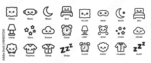 Sleep icons set flat cartoon outline style isolated on white background good night simple elements