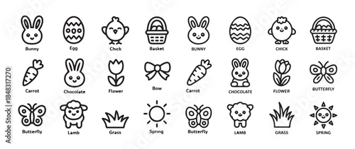 Set of black and white cute easter icons doodle style outline cartoon spring collection with names