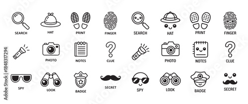 Detective icons set flat cartoon outline style isolated on white background mystery search simple elements