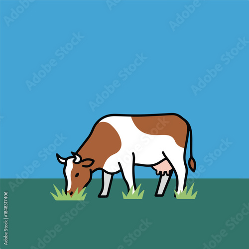 Cartoon Cow Grazing in a Field of Green Grass.