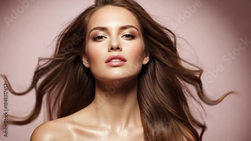 Stunning brunette woman with long, flowing hair in a beauty shot perfect for a commercial