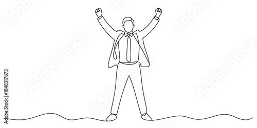 A minimalist single continuous line art illustration of a triumphant businessman raising his arms in celebration Vector, illustration