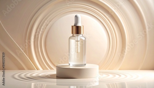 A clear glass dropper bottle with a gold cap stands on a beige pedestal against a background of concentric creamcolored waves
