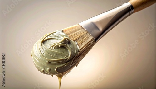 A paintbrush with a dollop of thick swirled sagegreen paste on its bristles with a single drip falling