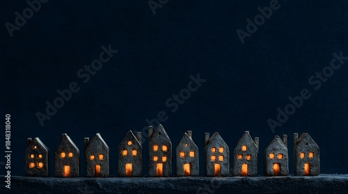 Fototapeta Naklejka Na Ścianę i Meble -  Small illuminated houses in a row with warm glowing on dark background creating cozy street scene decoration