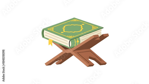 A Quran with a green cover and cut lines lies on a brown wooden library table.