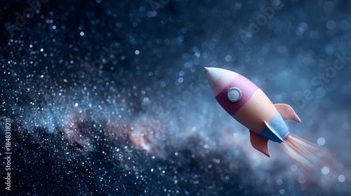 Fototapeta Naklejka Na Ścianę i Meble -  Digital illustration of a cartoon rocket ship launching into starry space with colorful cosmic background and vibrant explosion effects