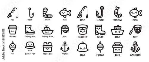Set of cute fishing equipment symbols for angling hobby and outdoor recreation activities