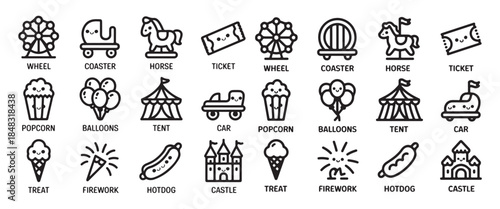 Fun collection of amusement park and carnival icons representing entertainment rides and food