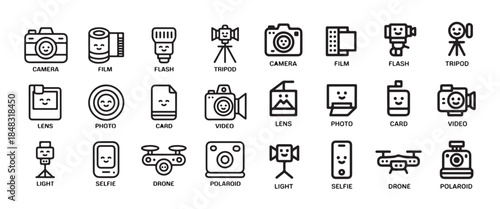 Set of adorable photography and video camera related icons for creative digital projects