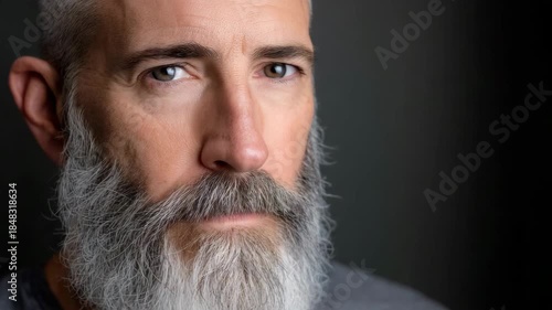 Man with beard looks directly at the camera in a close-up shot indoors with soft lighting and a dark background