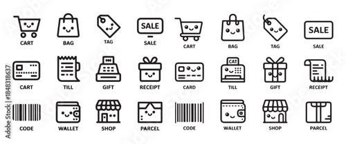 Shopping commerce retail cart bag tag sale receipt card gift and wallet line icons