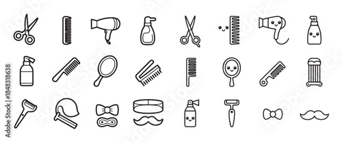 Hair salon barber tools and beauty care accessories cute happy line icons set