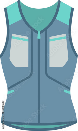Blue and teal sleeveless utility vest with front zipper and pockets.