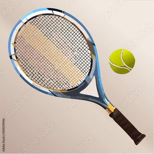 Tennis racket and ball isolated on a neutral background