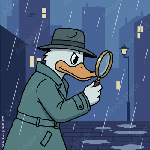 Cartoon Duck Detective Investigating in the Rain with Magnifying Glass.