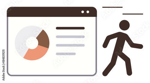 Person walking away from a window displaying a pie chart, text, and data. Ideal for analytics, decision-making, workflow, productivity, time management transitions change. Modern flat metaphor