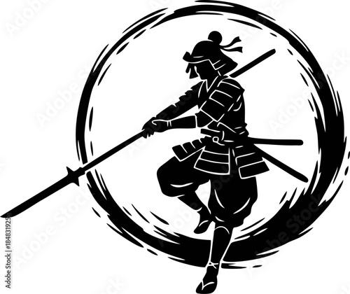 Female Samurai Silhouette Ink Brush Style. Onna-musha Warrior with Naginata Weapon Vector Illustration