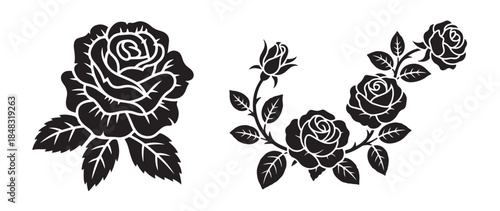Black and white stylized vector design featuring one large isolated rose bloom with leaves