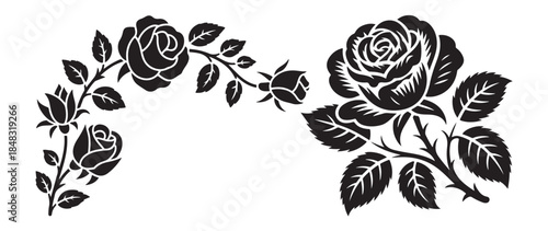 Curving decorative banner composed of three roses and accompanying foliage in black silhouette