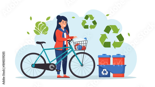 A woman with a bicycle and recycling bins, symbolizing eco-friendly transportation and waste management.
