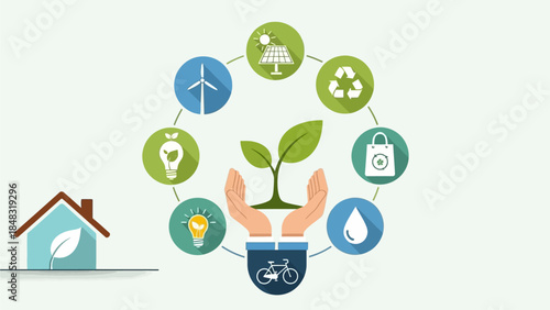 Illustration of sustainable living concepts with a plant in hands surrounded by environmental icons and an eco-friendly house.