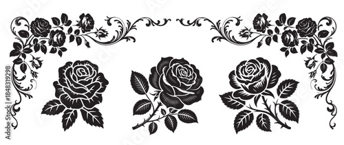 Elaborate black rose garland framework with detailed individual blooms and scrolling flourish accents