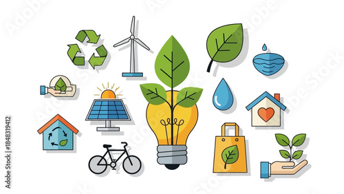 A comprehensive collection of eco-friendly and sustainable energy icons representing environmental protection and green living concepts.