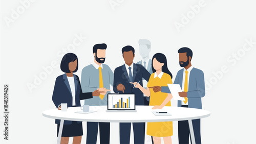 A diverse team of business professionals collaborating around a table, discussing data on a laptop during a meeting.