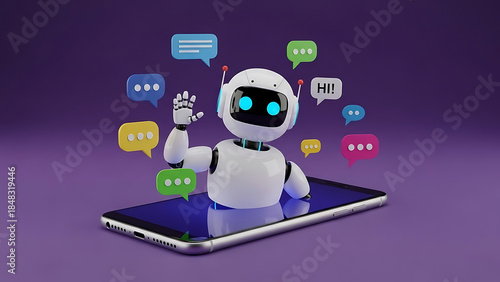 Wallpaper Mural White robot waving from smartphone screen with colorful chat bubbles artificial intelligence image Torontodigital.ca