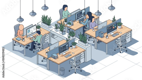 Isometric illustration of an open-plan office with multiple people working at their desks with computers and plants, depicting a modern workspace.